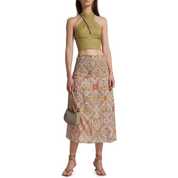 💕DEREK LAM 10 CROSBY Madani Linen Blend Smocked Skirt Light Khaki Floral 12 NWT - Picture 9 of 16